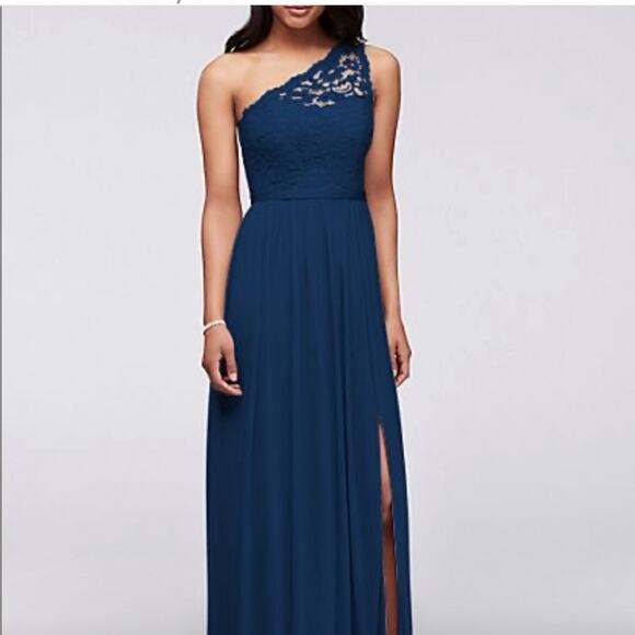 Davids Bridal Bridesmaid Dress Size 8 One Shoulder Lace Prom Formal Navy Blue - Picture 1 of 5